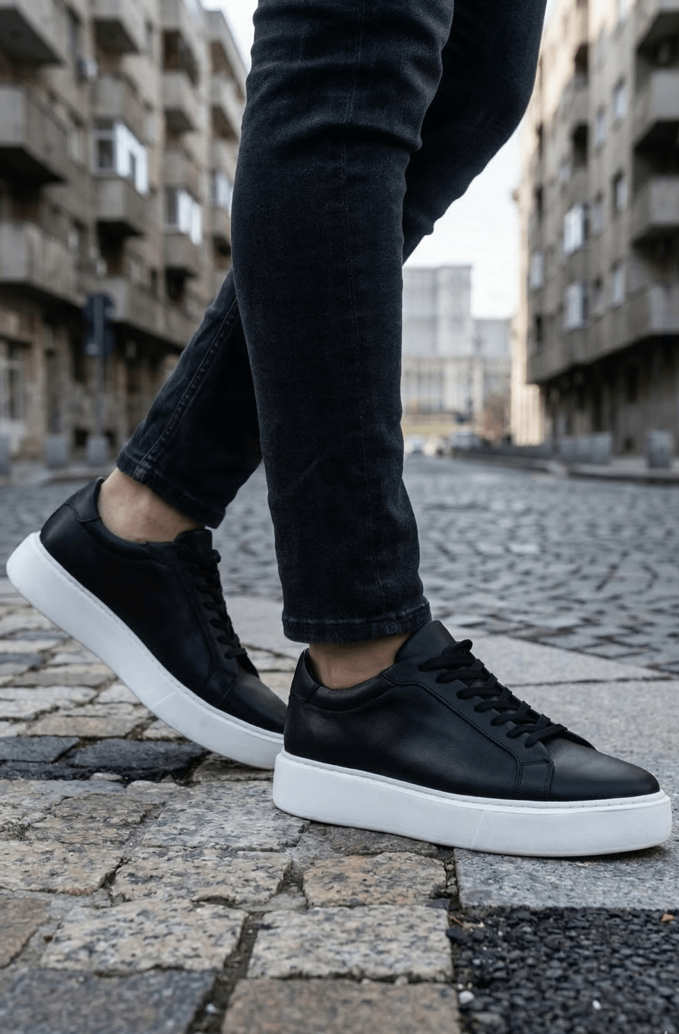 Pantofi Casual din Piele Negri cu Siret -ERVI BLACK