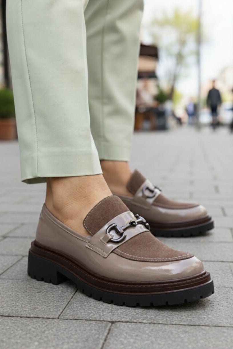 Pantofi Casual din Piele Taupe cu Accesoriu - ZEKA GRI