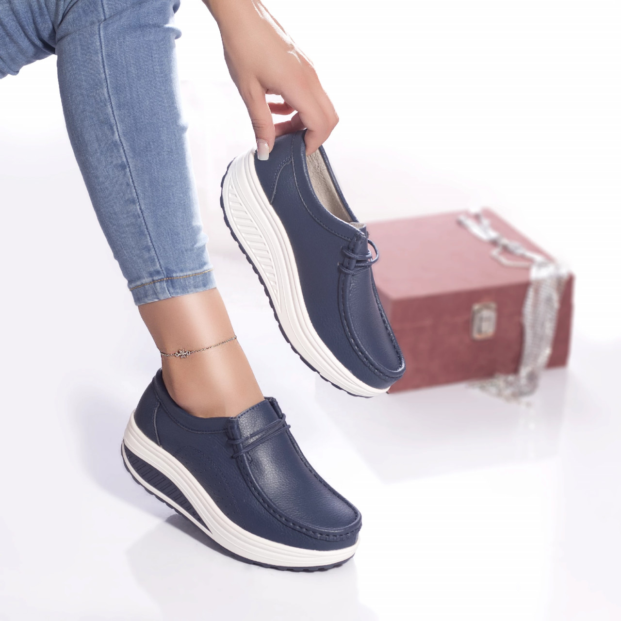 Pantofi casual Oscara din piele naturala Albastri - poza 3