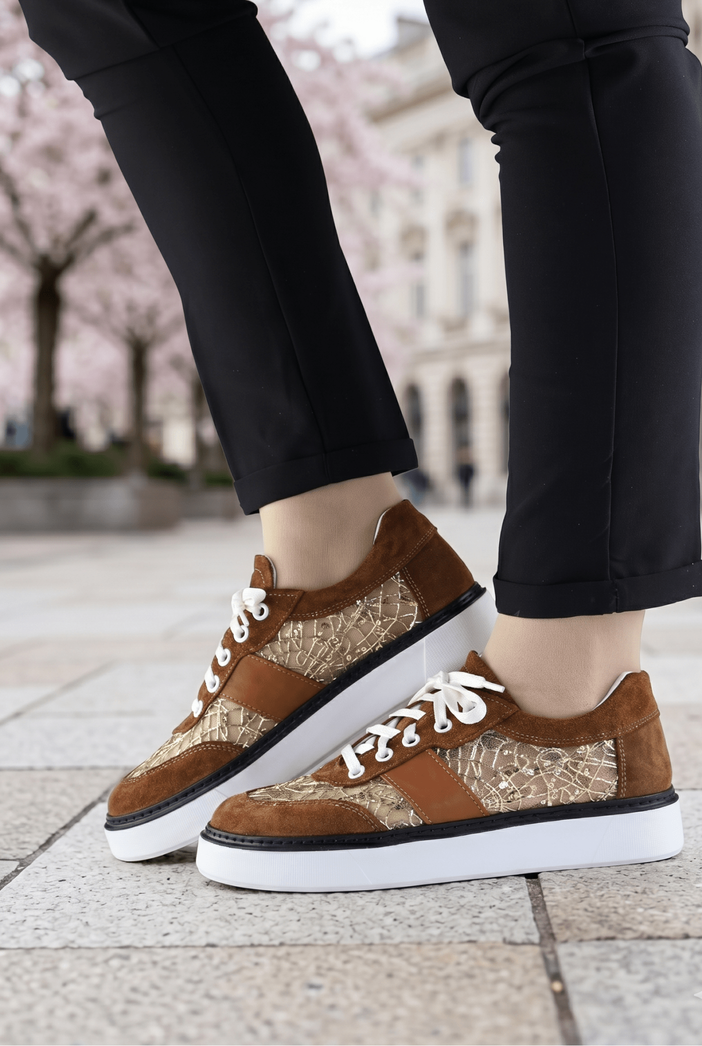 Pantofi Casual-Sport din Piele cu Dantela - DEEA CAMEL