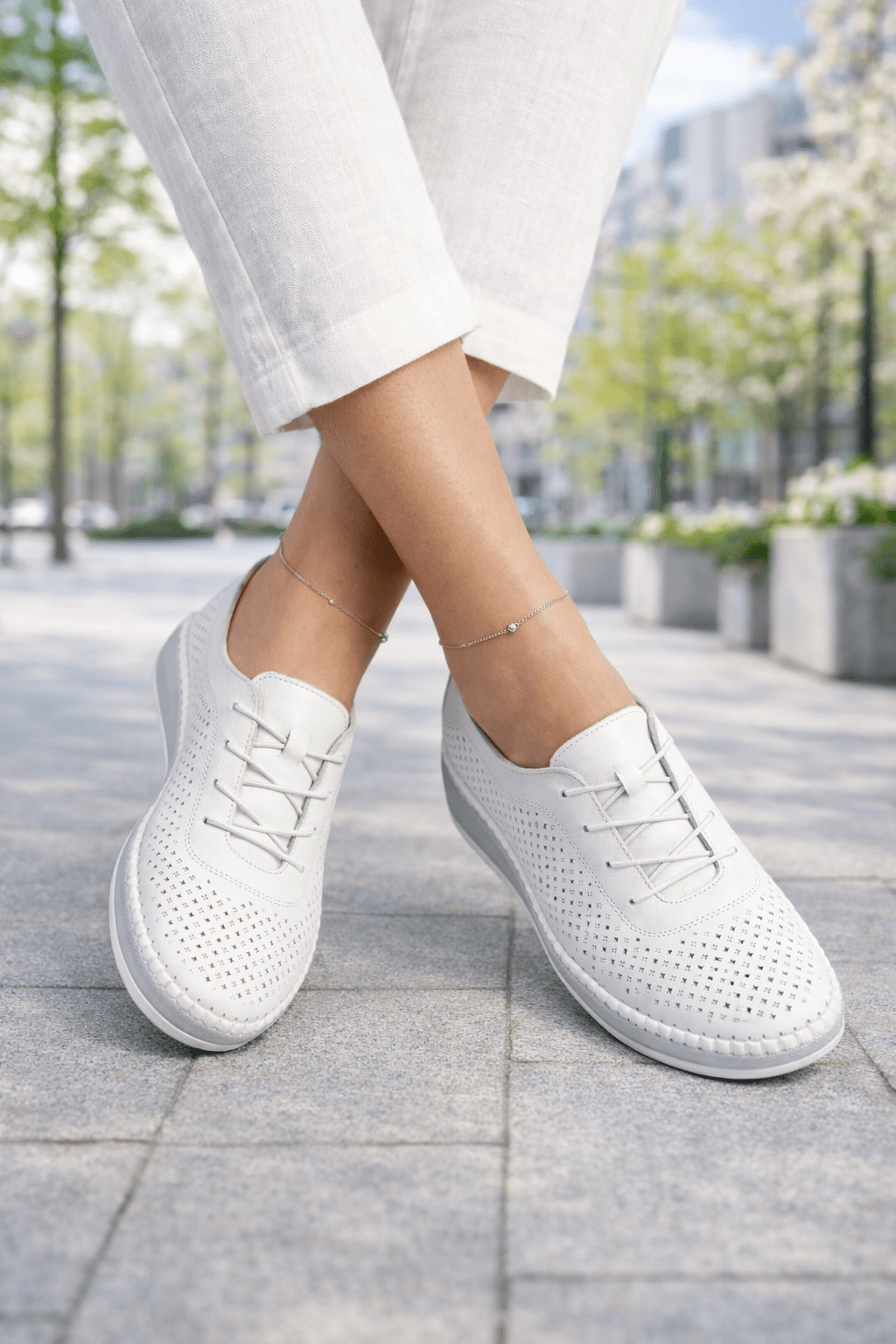 Pantofi Confort din Piele Albi Perforati - ZYX WHITE