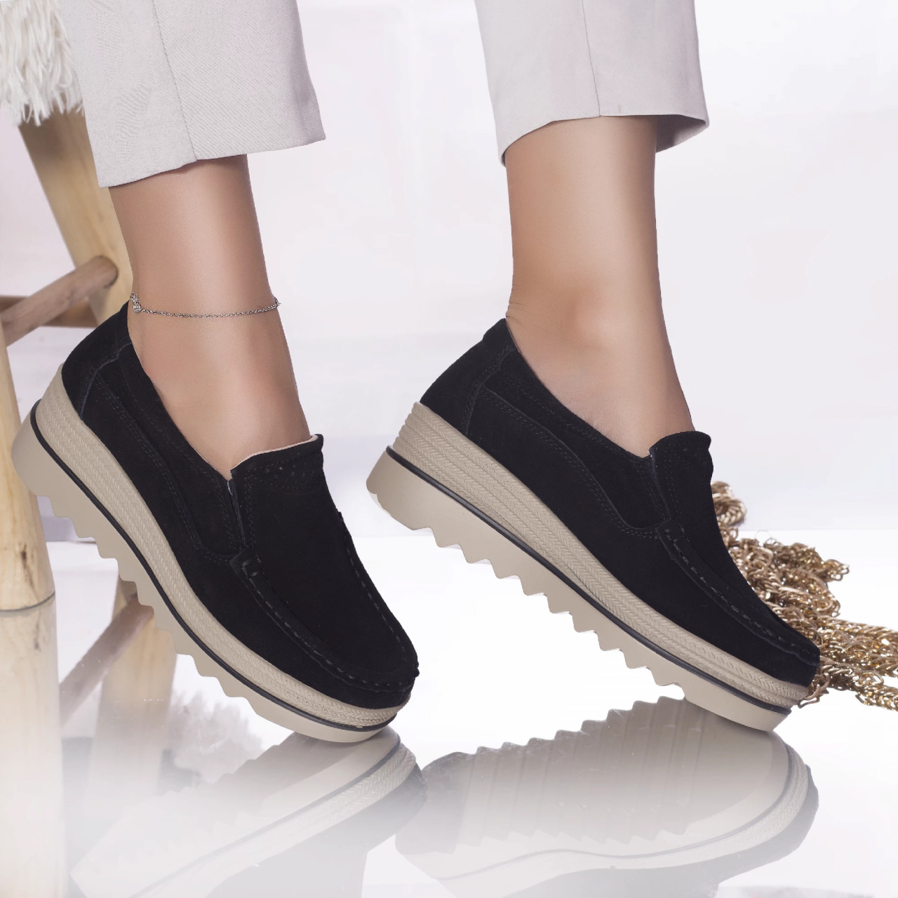Pantofi cu platforma khadye piele naturala intoarsa negru - poza 2