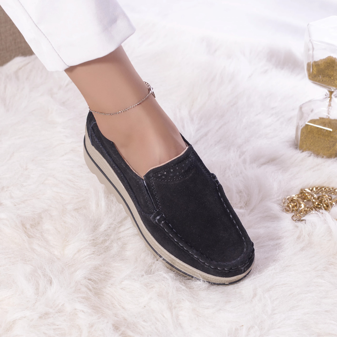 Pantofi cu platforma khadye piele naturala intoarsa negru - poza 5