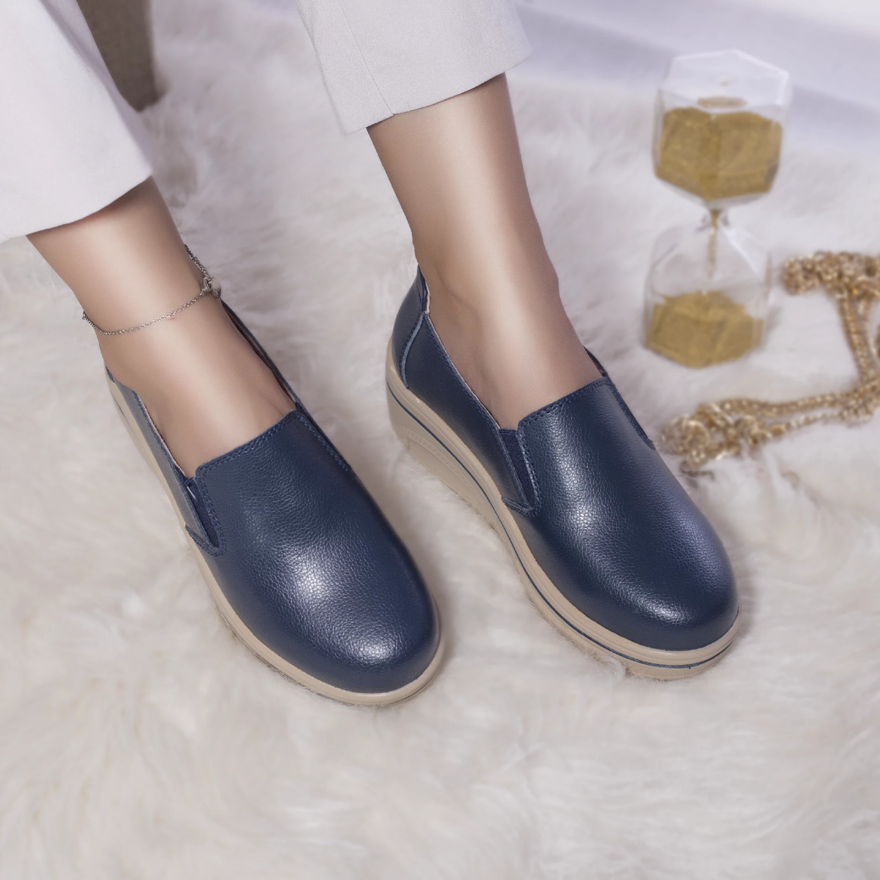 Pantofi cu platforma latifa piele naturala albastru - poza 5