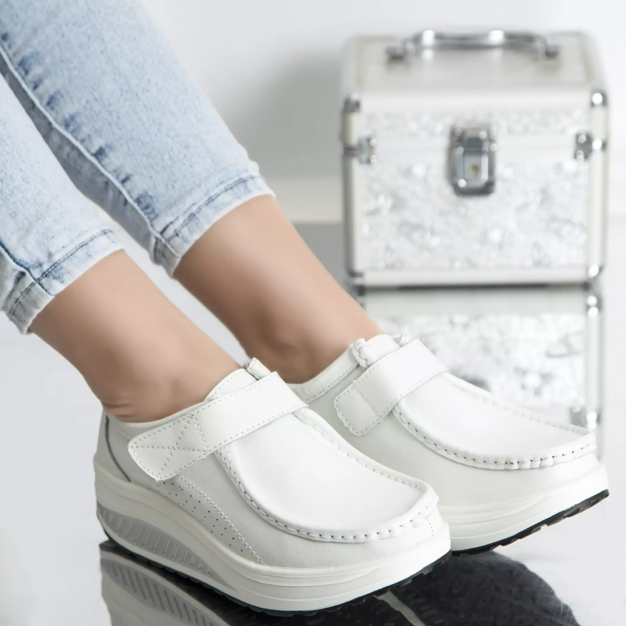 Pantofi cu platforma tiffany alb piele naturala - poza 2
