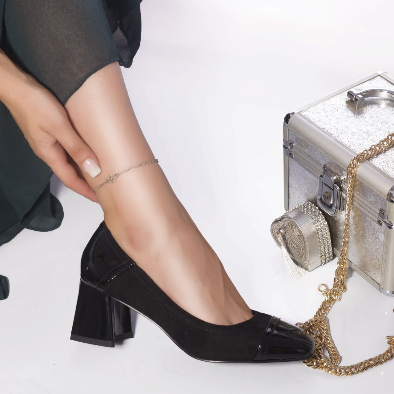Pantofi cu toc glorya piele ecologica lacuita si piele ecologica intoarsa black - poza 3