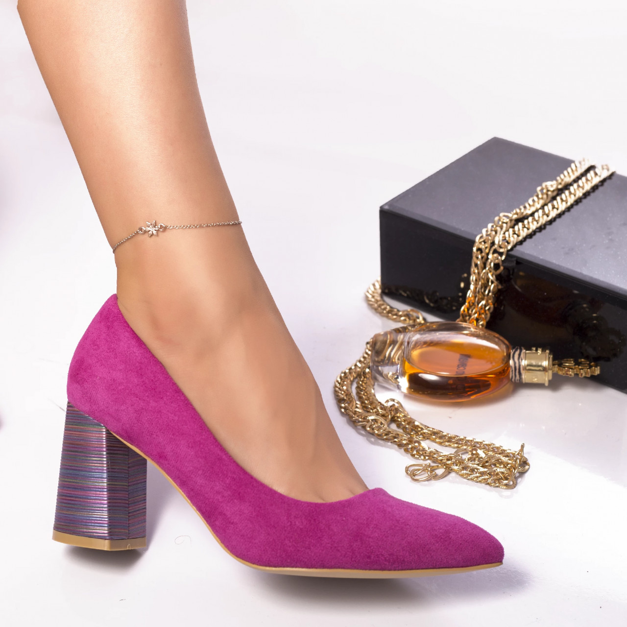 Pantofi cu toc shully piele ecologica intoarsa fuschia - poza 2