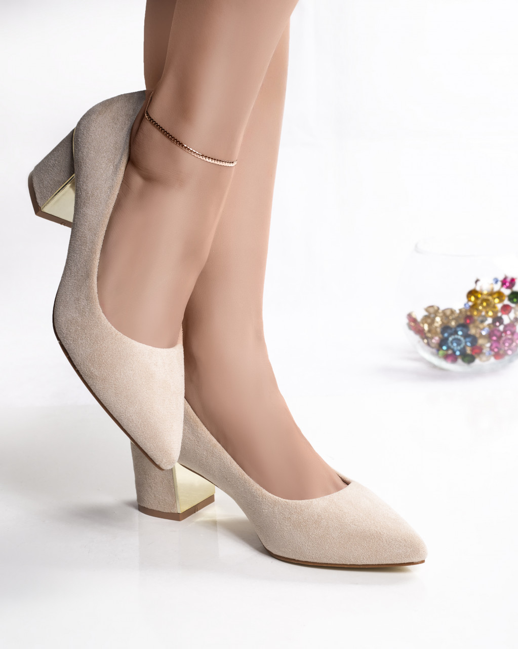 Pantofi dama bej cu toc piele eco intoarsa kila - poza 3