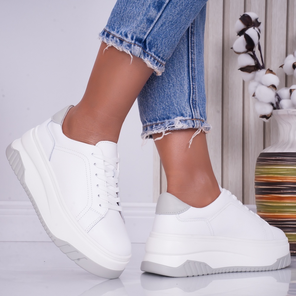 Pantofi dama casual Alb-Gri din Piele Naturala Dya - poza 2