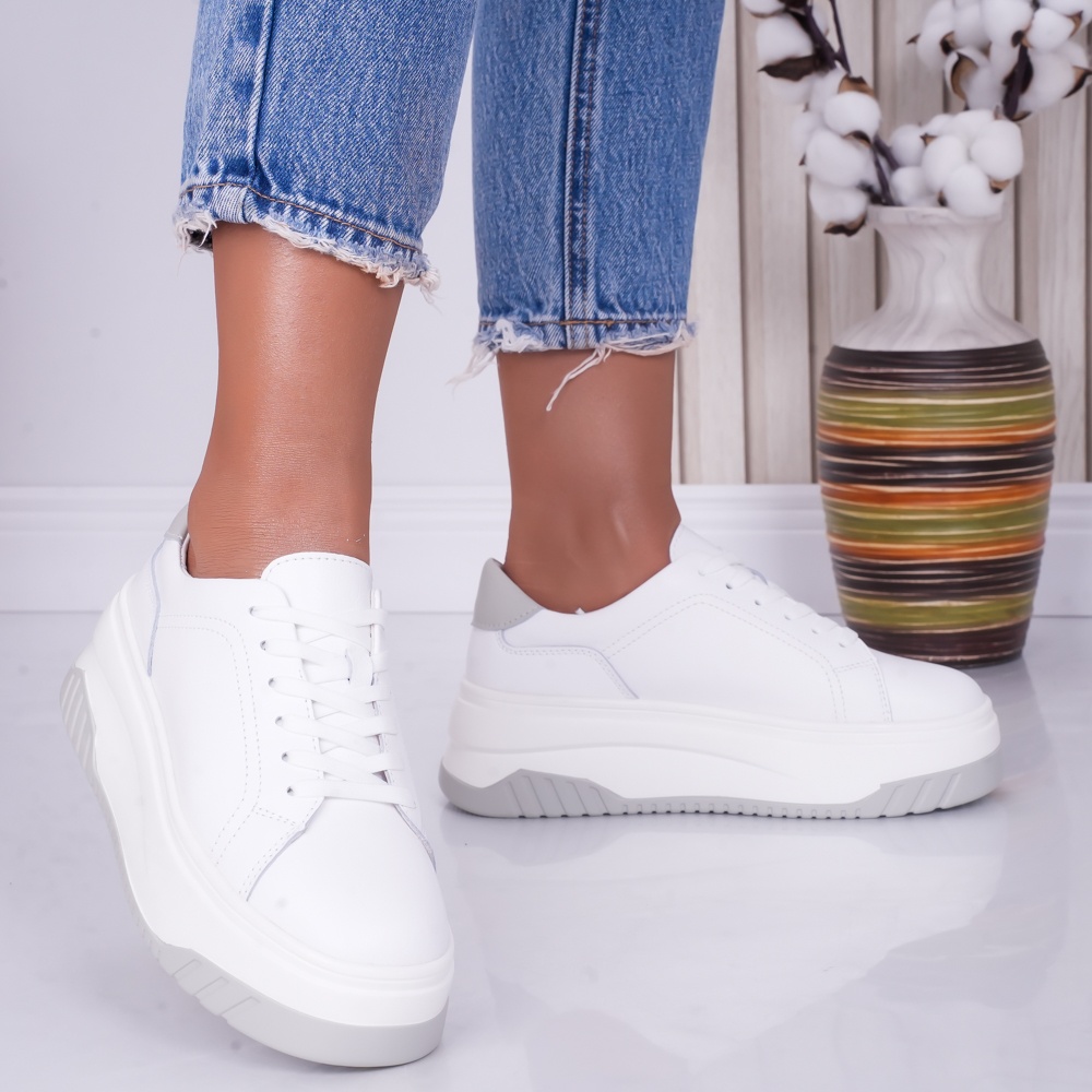 Pantofi dama casual Alb-Gri din Piele Naturala Dya - poza 3
