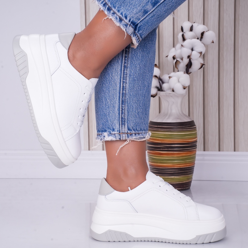 Pantofi dama casual Alb-Gri din Piele Naturala Dya - poza 4