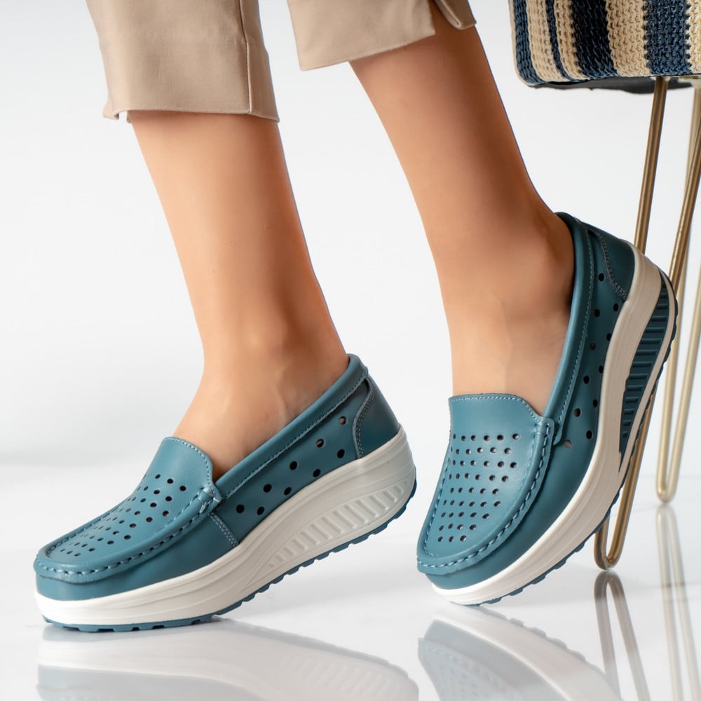 Pantofi dama casual albastri piele naturala perla - poza 1