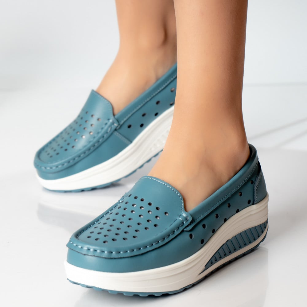 Pantofi dama casual albastri piele naturala perla - poza 2