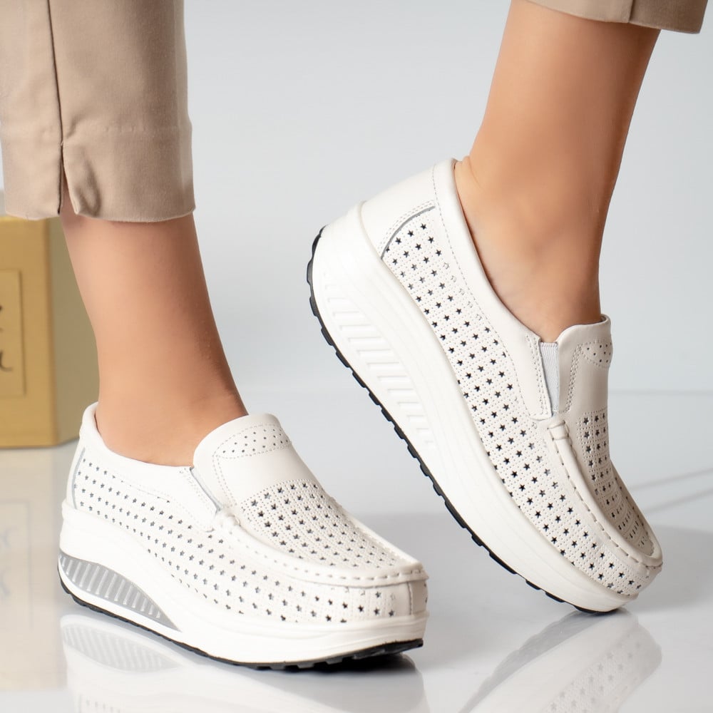 Pantofi dama casual albi piele naturala flori - poza 1