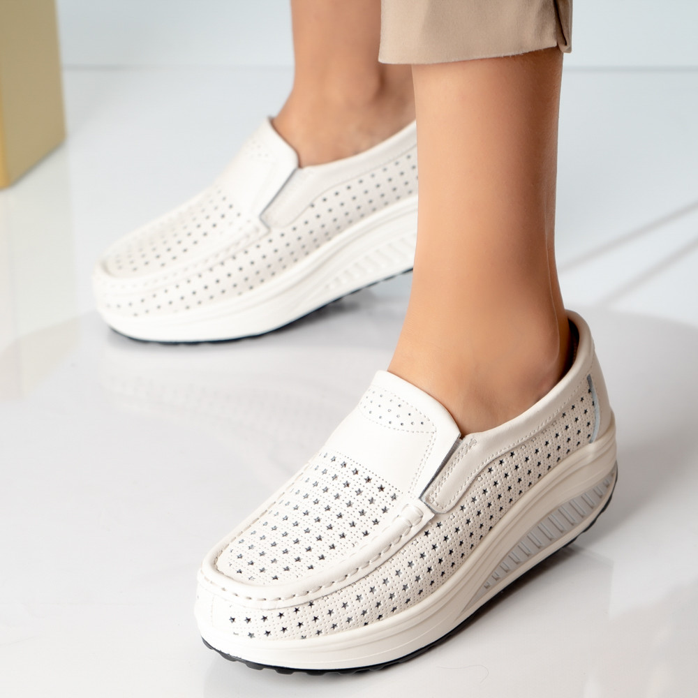 Pantofi dama casual albi piele naturala flori - poza 2