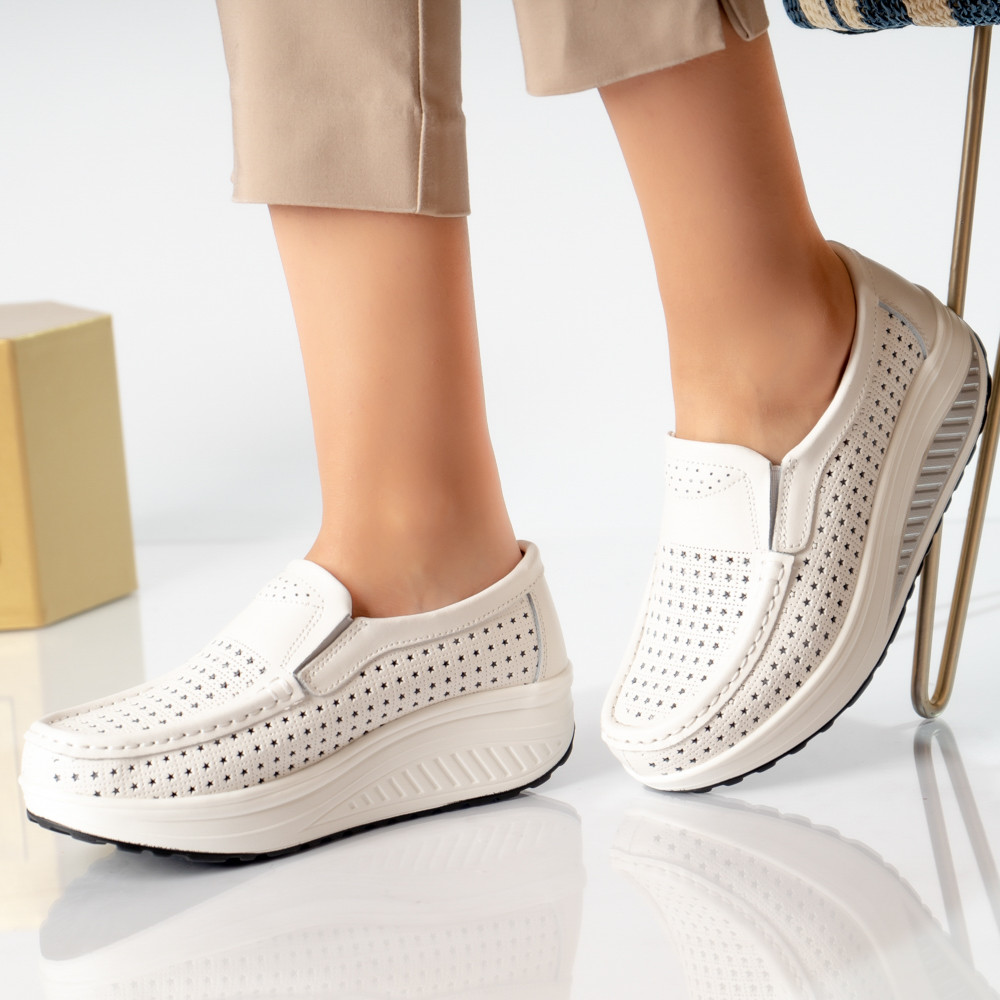 Pantofi dama casual albi piele naturala flori - poza 3
