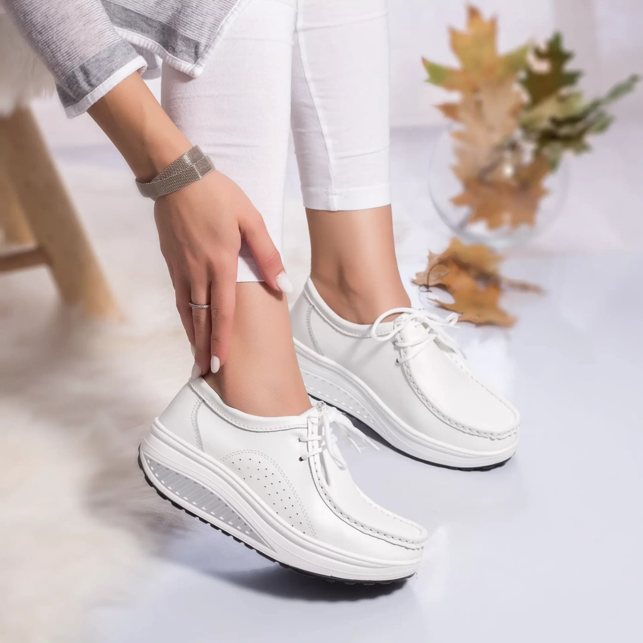 Pantofi dama casual albi piele naturala oscara - poza 2