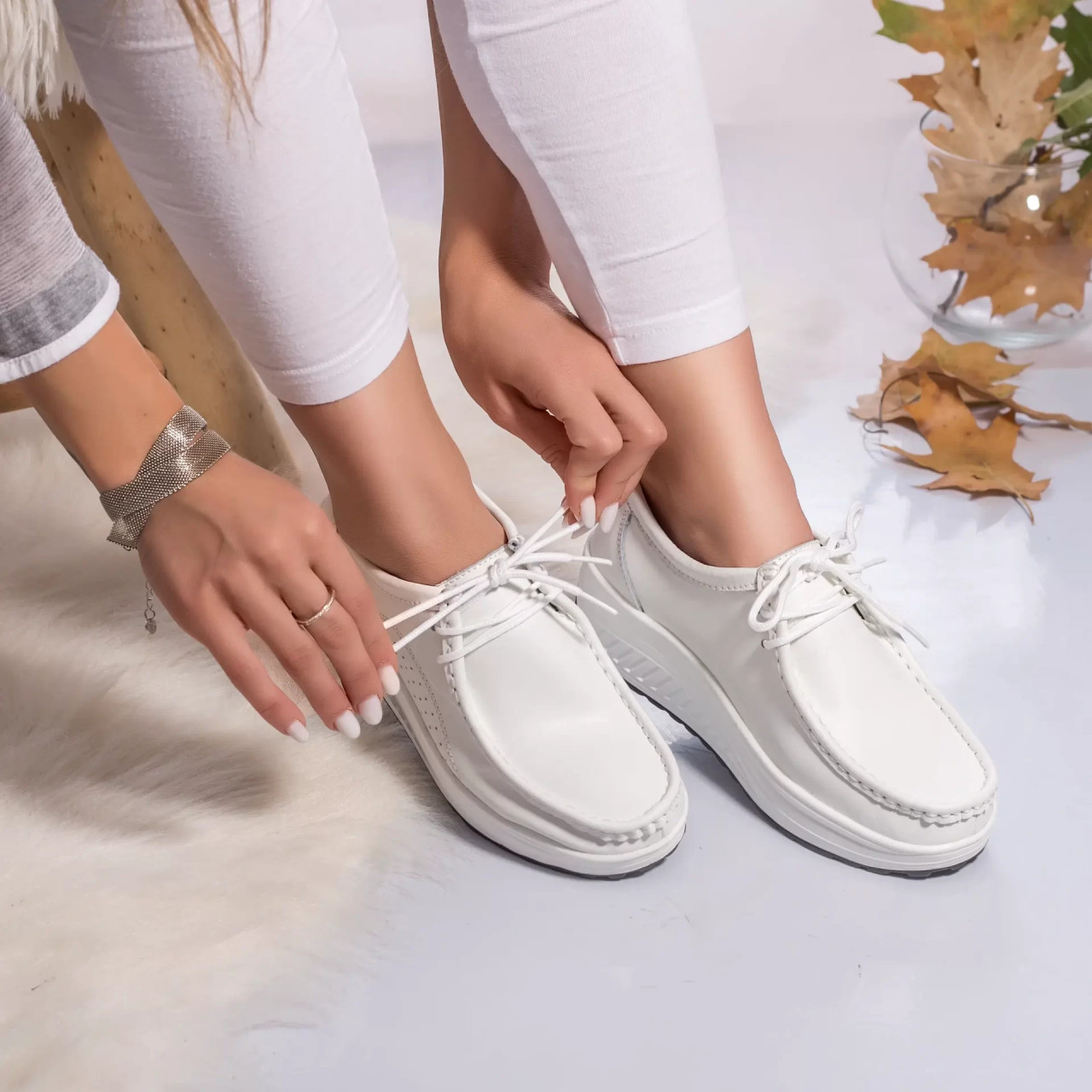 Pantofi dama casual albi piele naturala oscara - poza 4