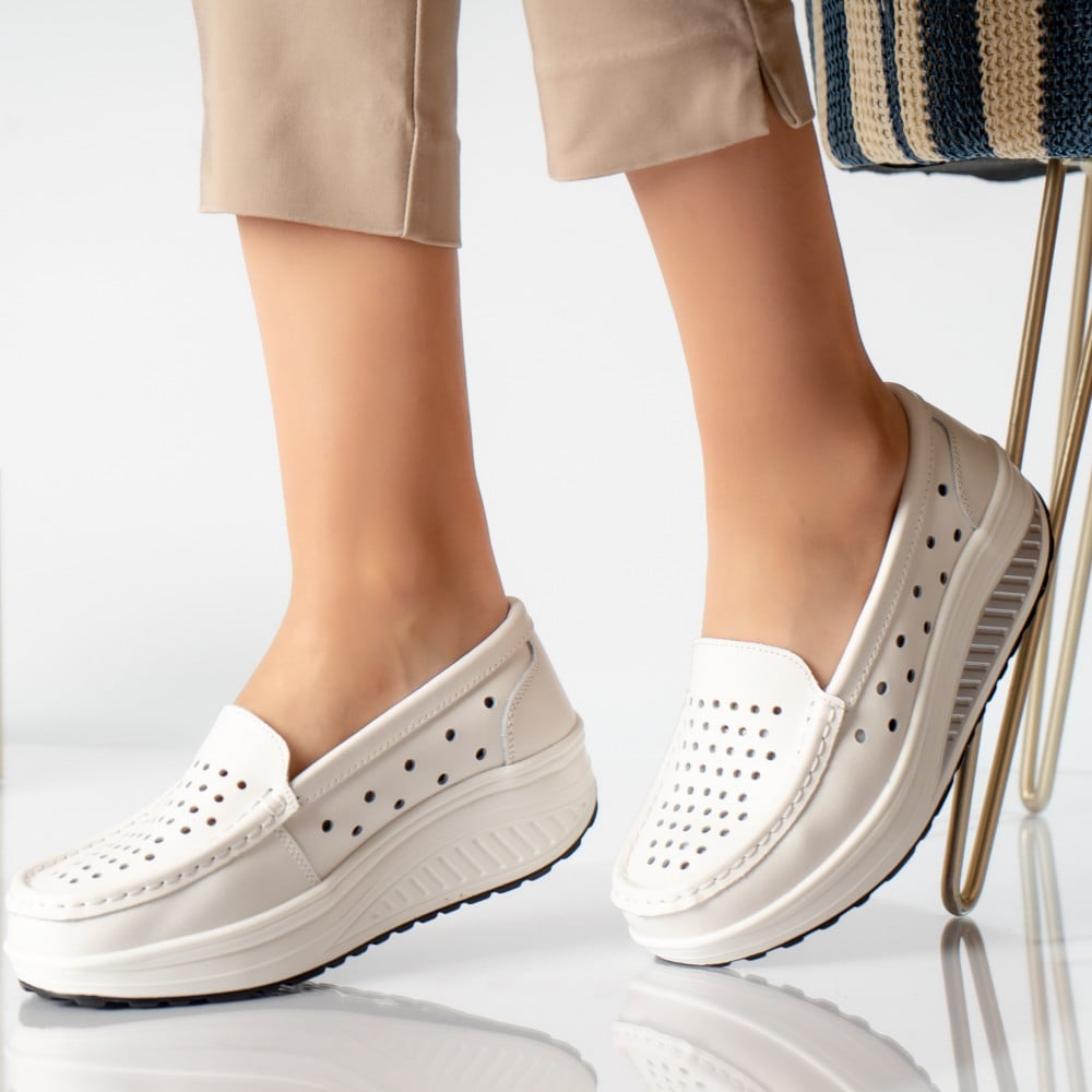 Pantofi dama casual albi piele naturala perla - poza 1