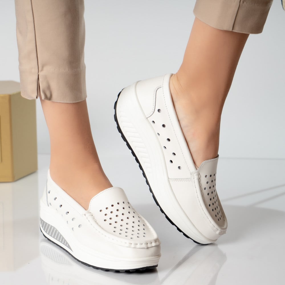 Pantofi dama casual albi piele naturala perla - poza 2