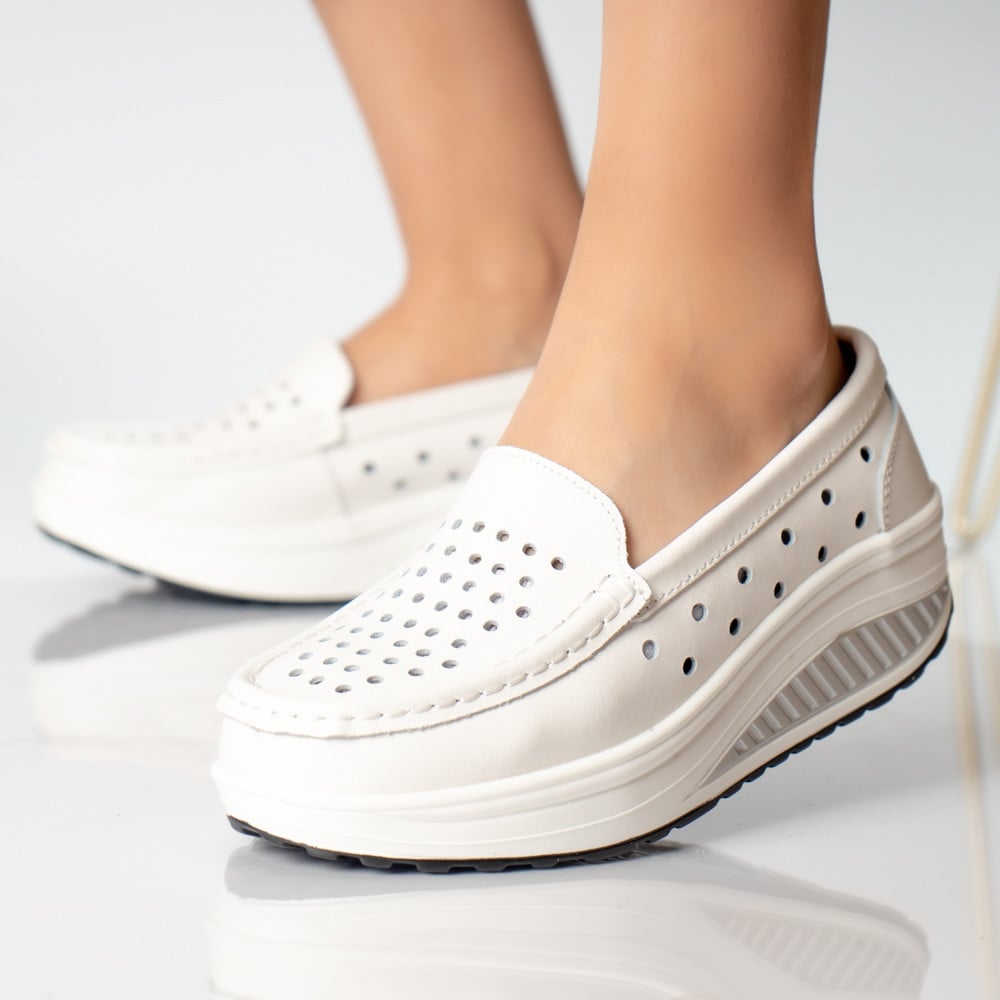 Pantofi dama casual albi piele naturala perla - poza 3