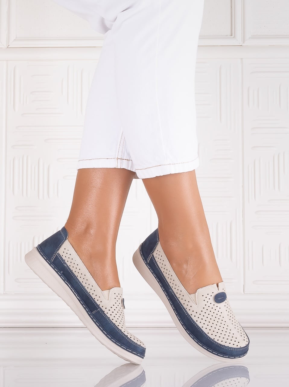 Pantofi dama casual Bej/albastru din Piele Ecologica Atinos - poza 1