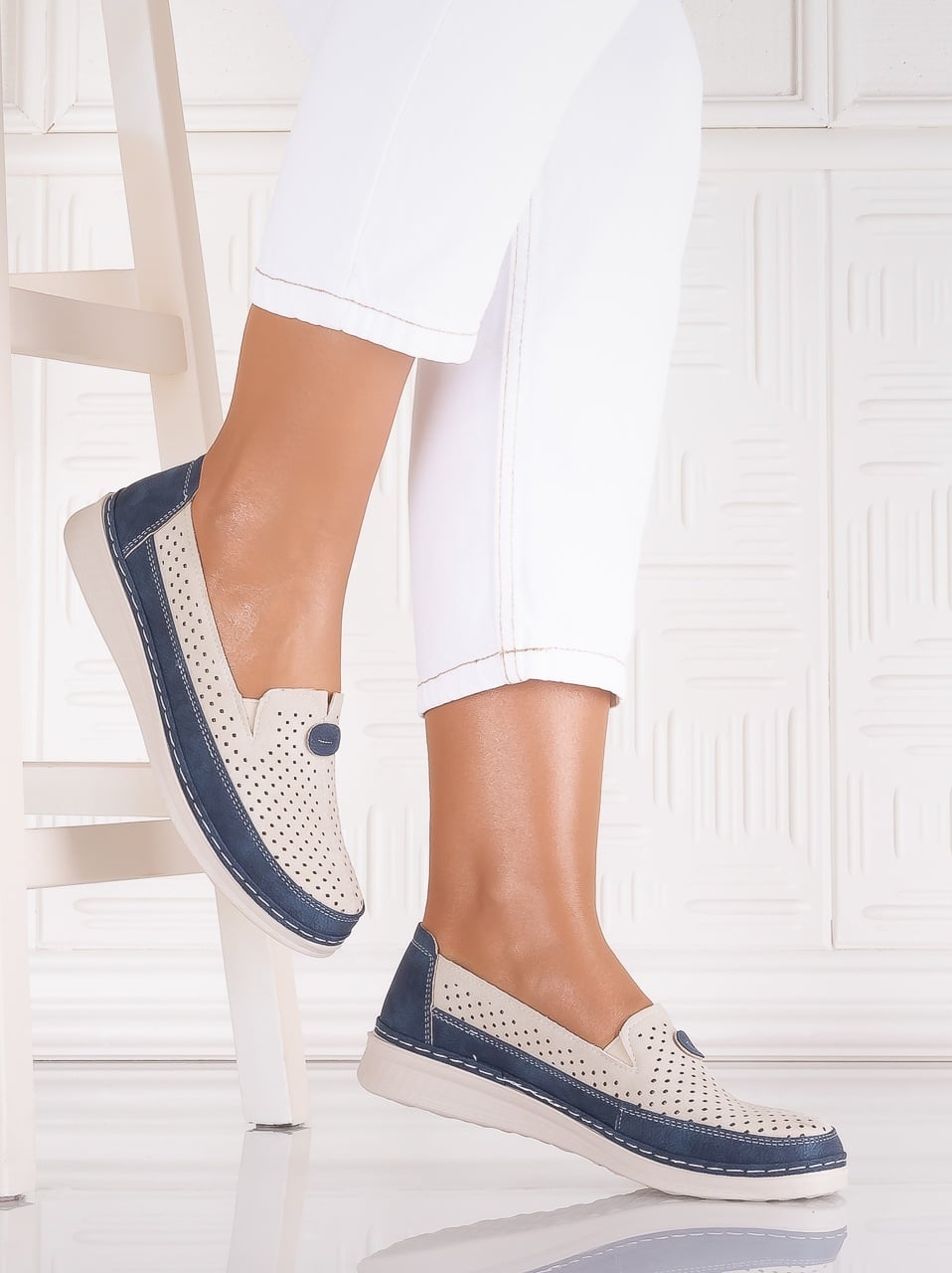 Pantofi dama casual Bej/albastru din Piele Ecologica Atinos - poza 3