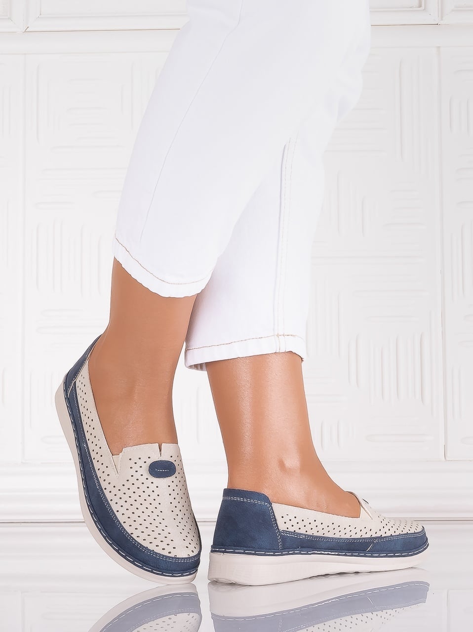 Pantofi dama casual Bej/albastru din Piele Ecologica Atinos - poza 4