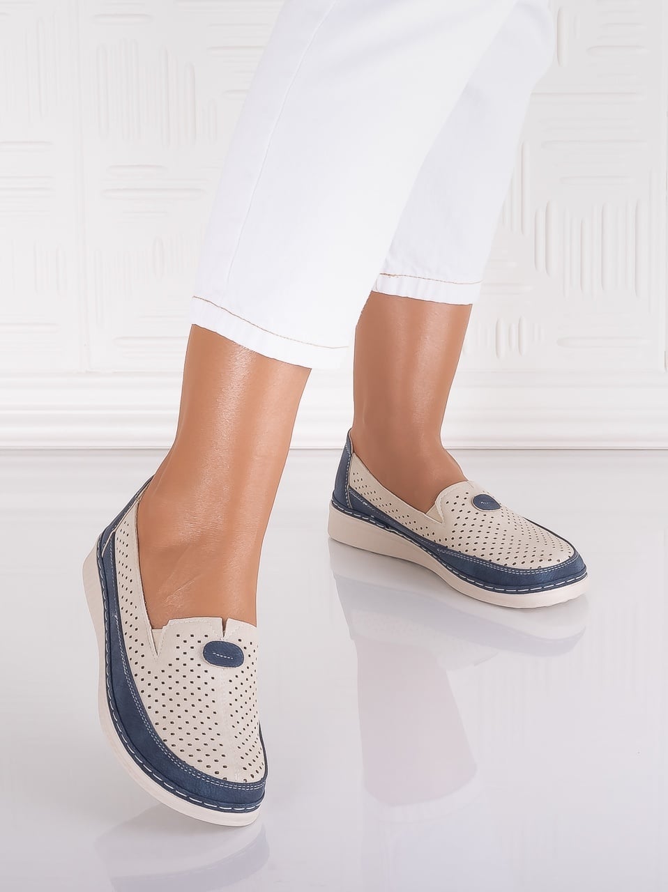 Pantofi dama casual Bej/albastru din Piele Ecologica Atinos - poza 5