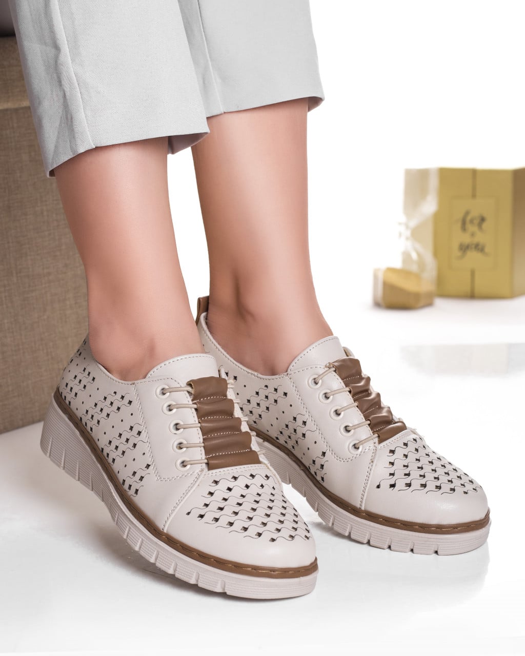 Pantofi dama casual Bej din Piele Ecologica Tusami - poza 1