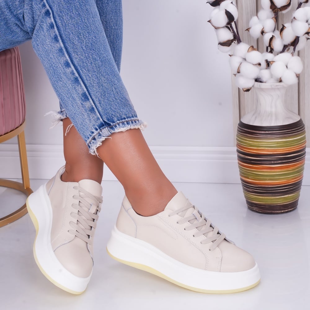 Pantofi dama casual Bej din Piele Naturala Ema - poza 1