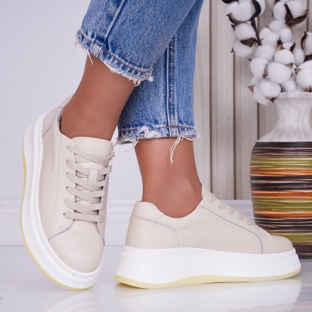 Pantofi dama casual Bej din Piele Naturala Ema - poza 2