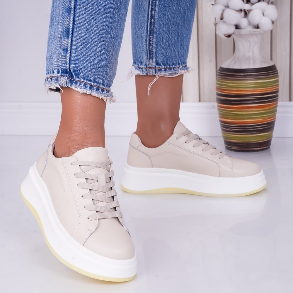 Pantofi dama casual Bej din Piele Naturala Ema - poza 3