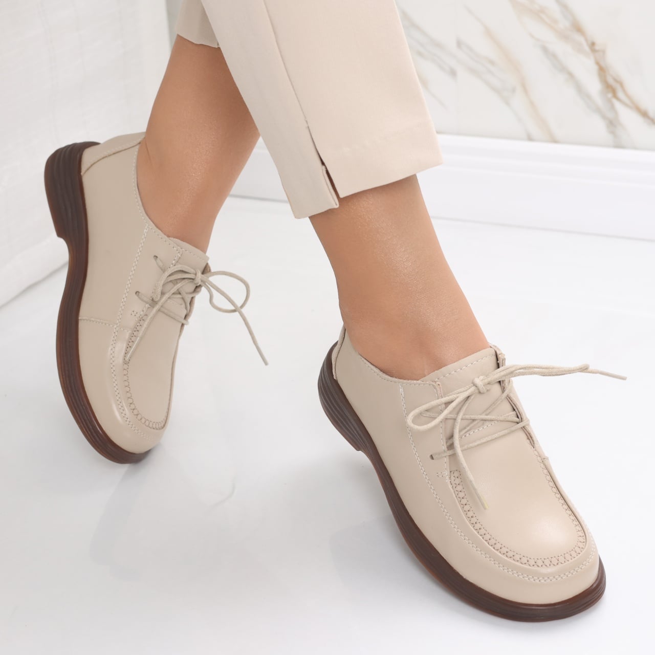 Pantofi dama casual Bej din Piele Naturala Esana - poza 1