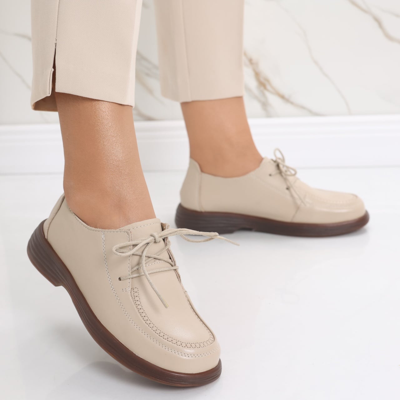 Pantofi dama casual Bej din Piele Naturala Esana - poza 3