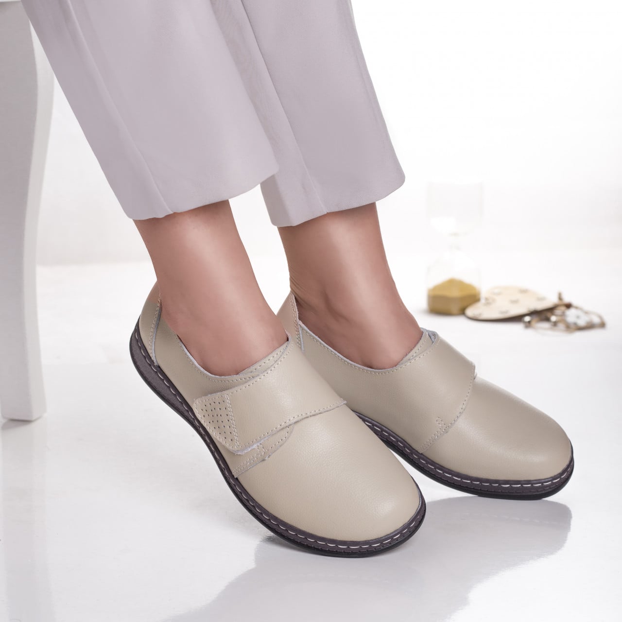 Pantofi dama casual Bej din piele naturala Felicy - poza 1
