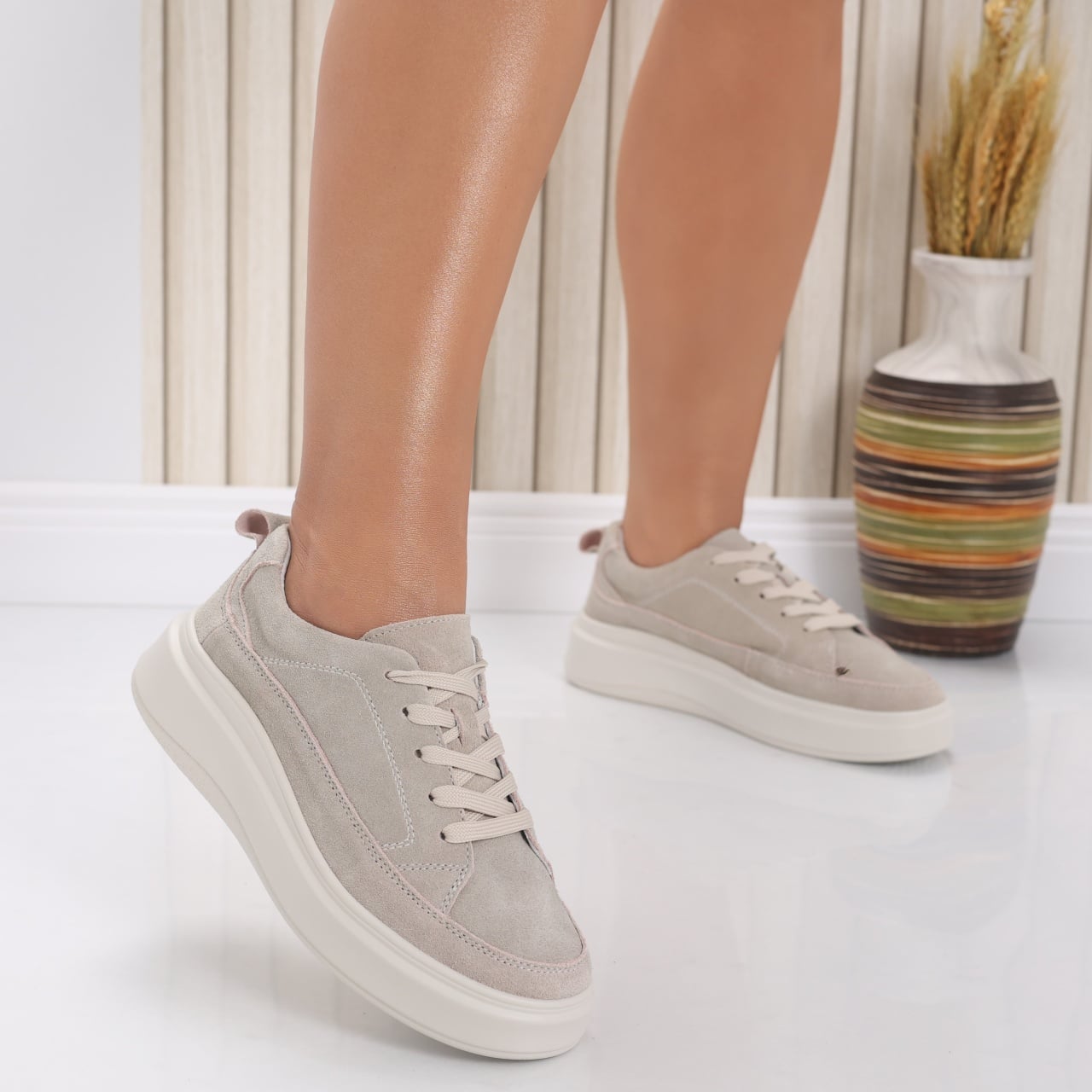 Pantofi dama casual Bej din Piele Naturala Intoarsa Ana - poza 3
