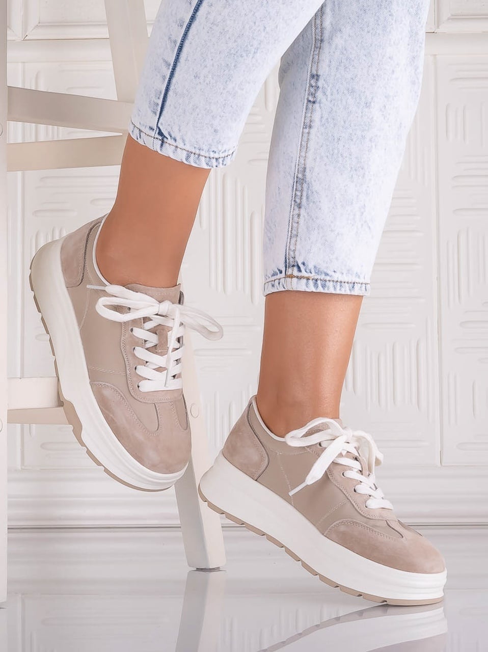 Pantofi dama casual Bej din Piele Naturala Intoarsa si textil Narella - poza 1