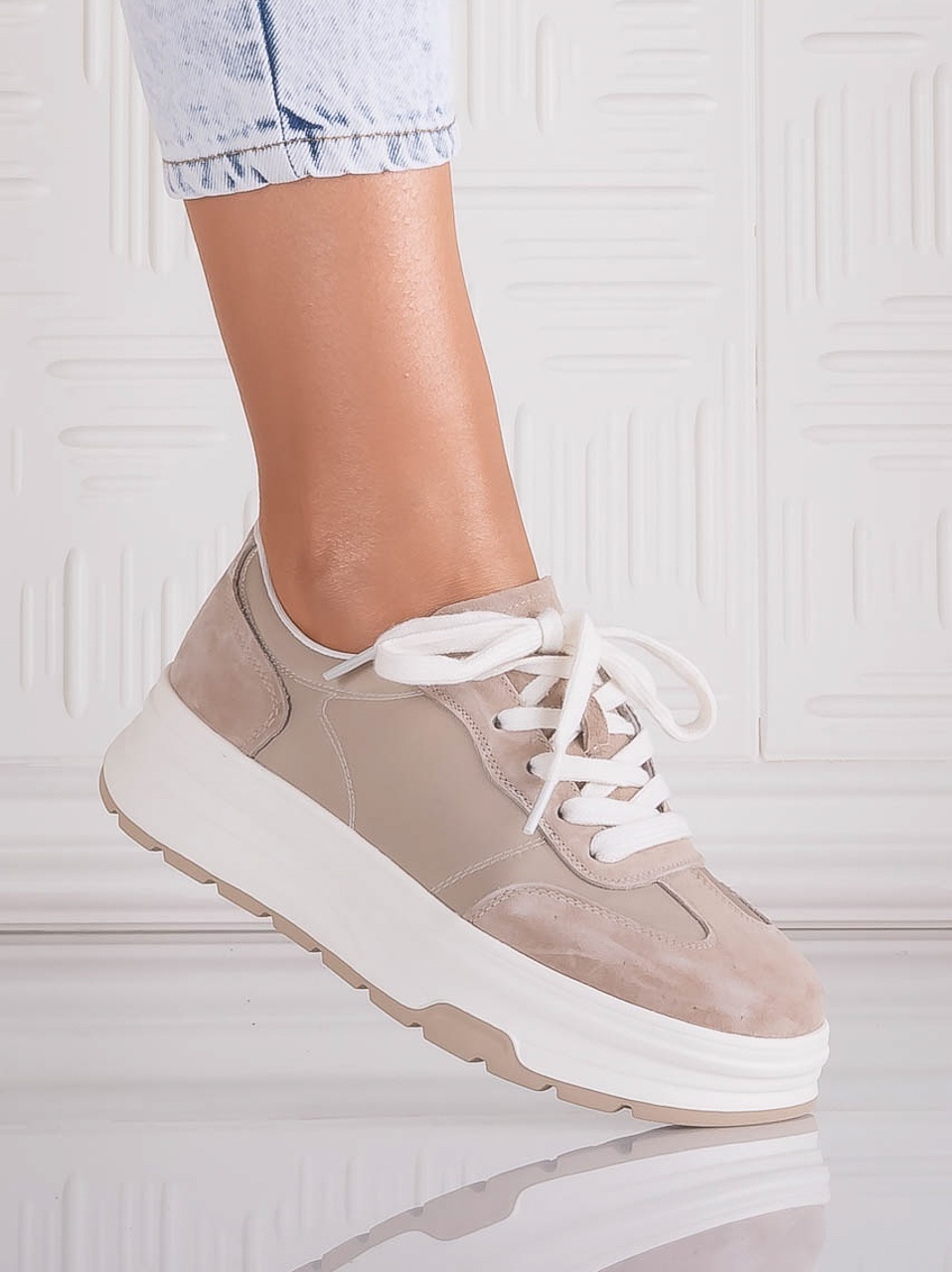 Pantofi dama casual Bej din Piele Naturala Intoarsa si textil Narella - poza 2