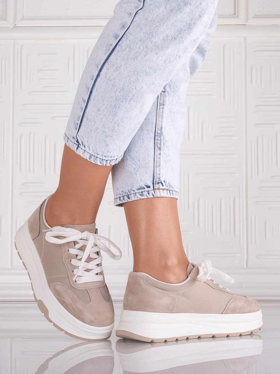 Pantofi dama casual Bej din Piele Naturala Intoarsa si textil Narella - poza 3