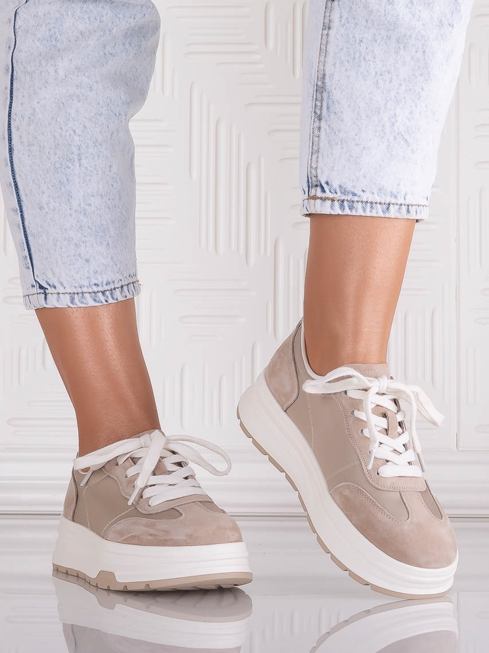 Pantofi dama casual Bej din Piele Naturala Intoarsa si textil Narella - poza 4