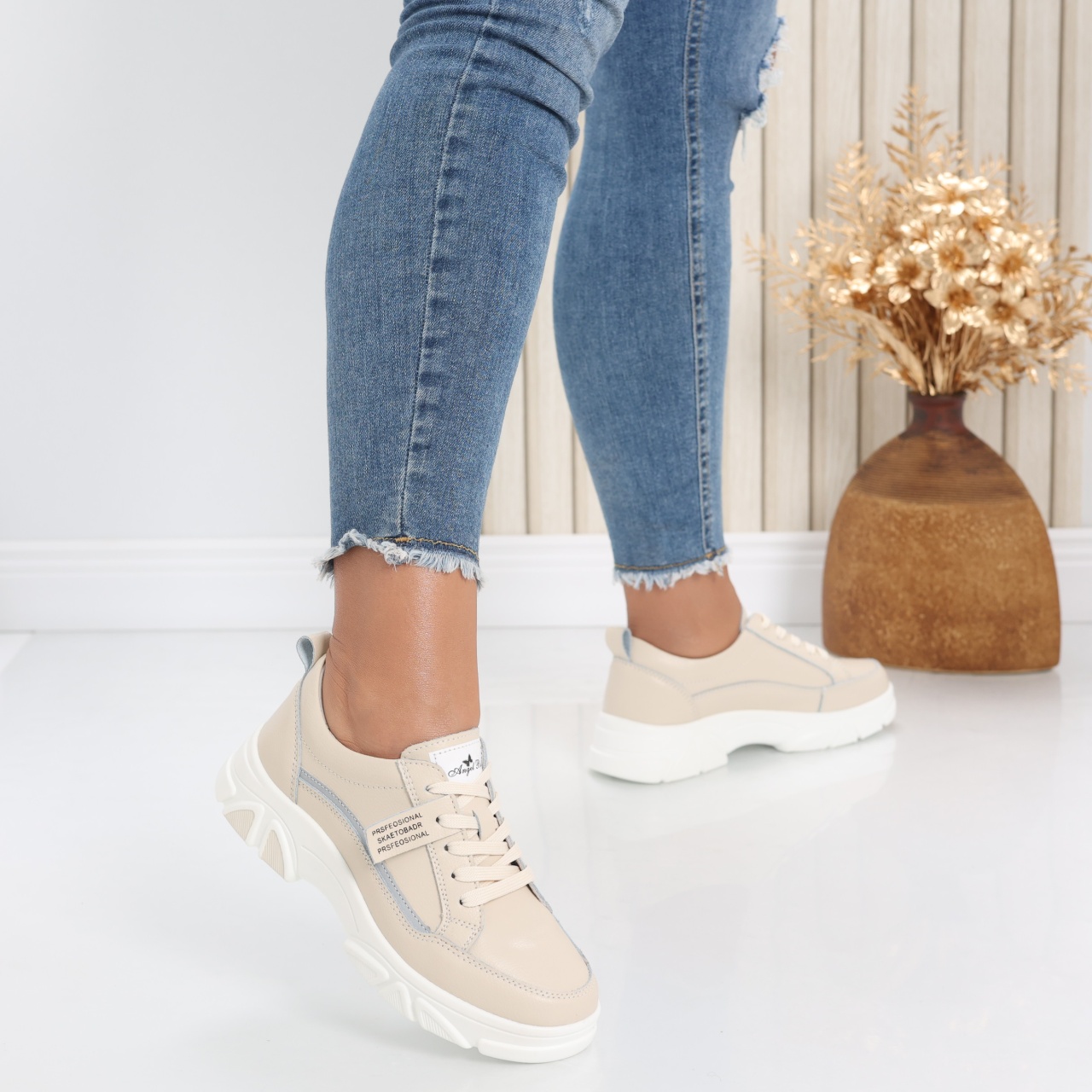 Pantofi dama casual Bej din Piele Naturala Mika - poza 2