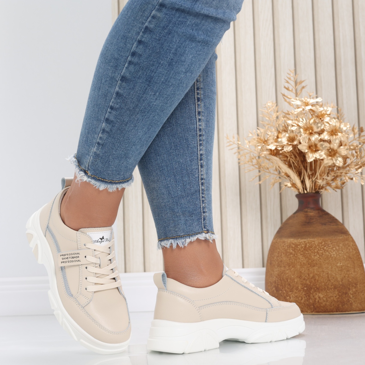 Pantofi dama casual Bej din Piele Naturala Mika - poza 3