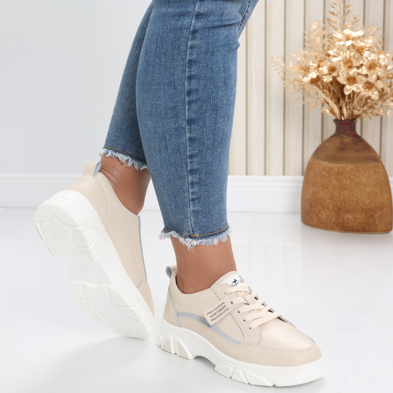 Pantofi dama casual Bej din Piele Naturala Mika - poza 4