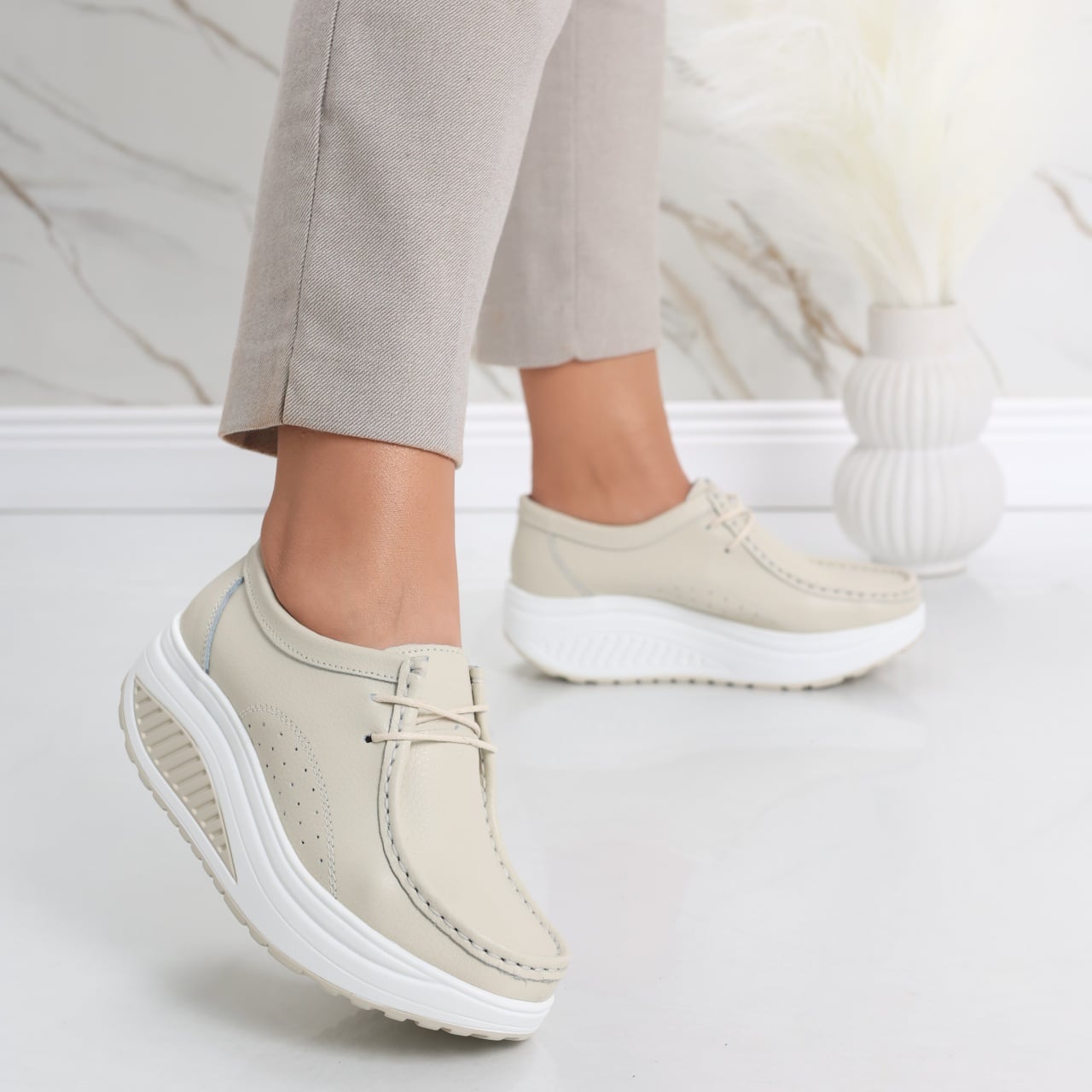 Pantofi dama casual Bej din Piele Naturala Oscara - poza 2