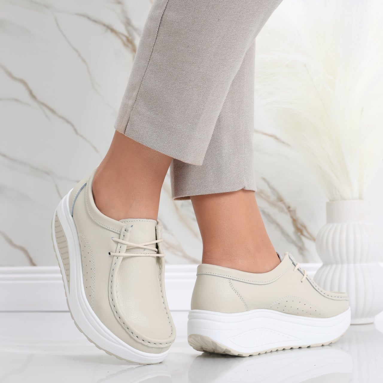 Pantofi dama casual Bej din Piele Naturala Oscara - poza 3