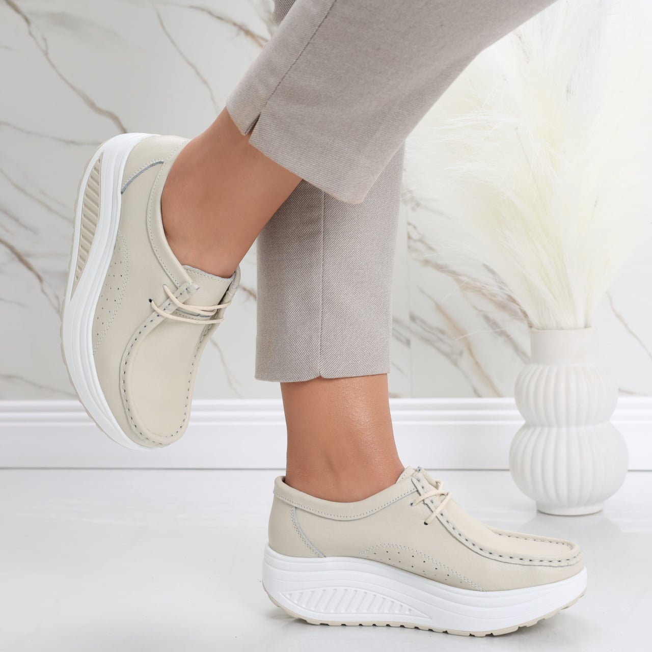 Pantofi dama casual Bej din Piele Naturala Oscara - poza 4