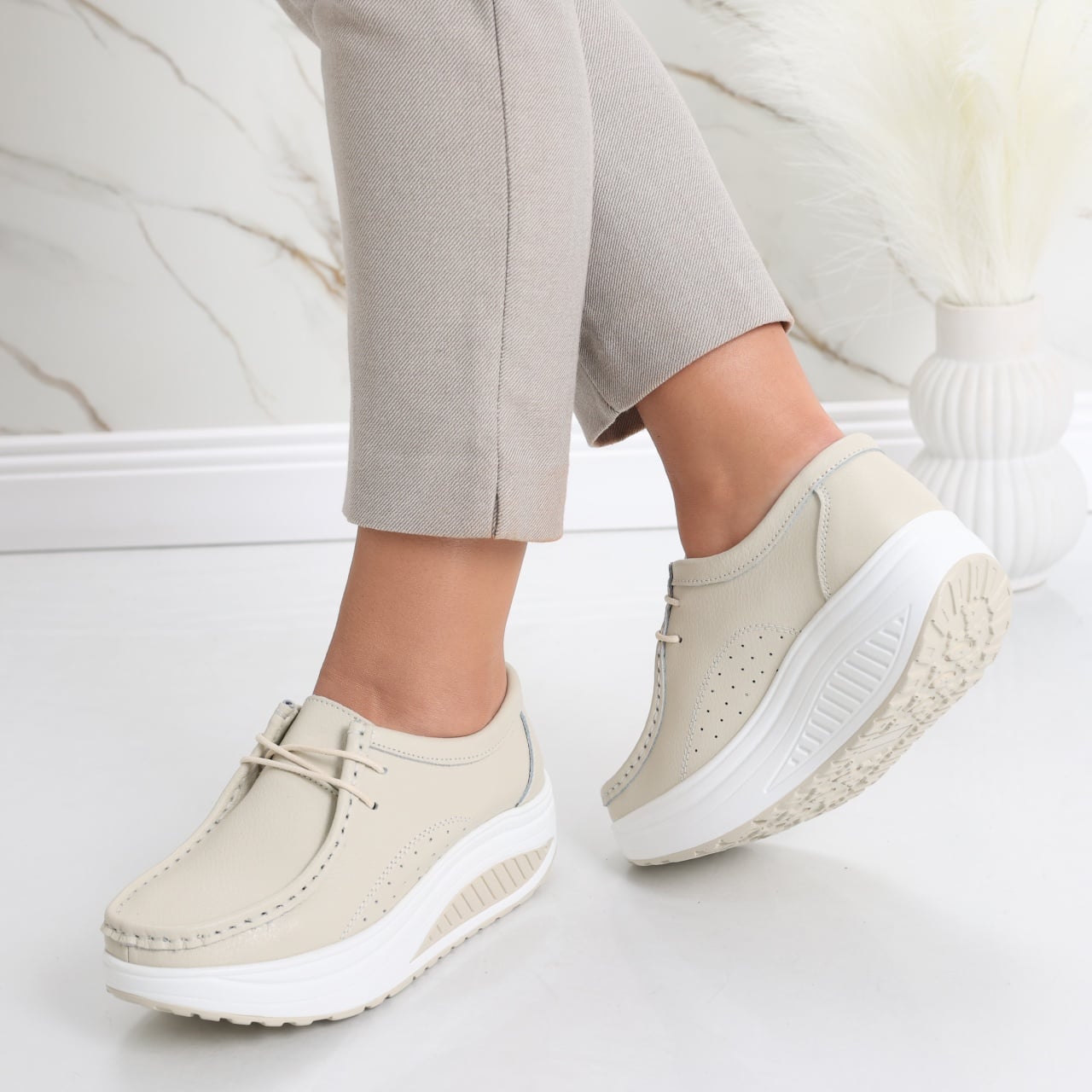 Pantofi dama casual Bej din Piele Naturala Oscara - poza 5