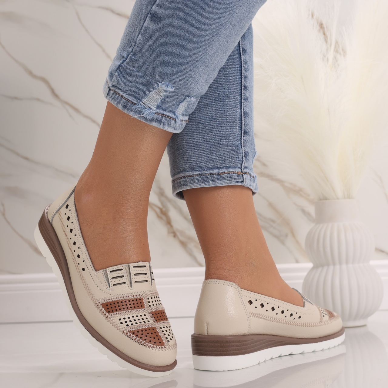 Pantofi dama casual Bej din Piele Naturala Saina - poza 3