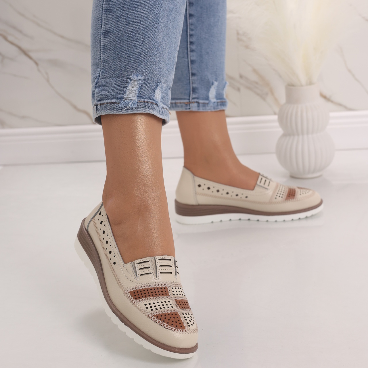 Pantofi dama casual Bej din Piele Naturala Saina - poza 4